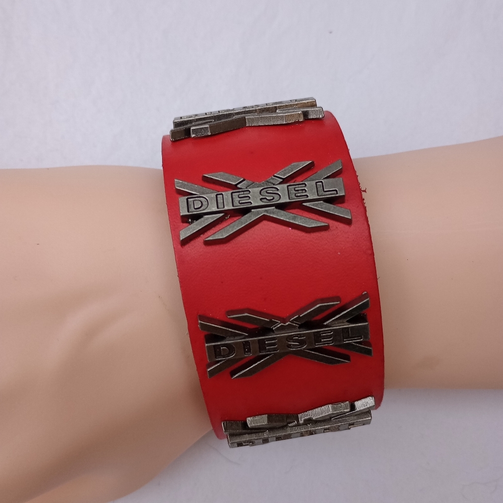 Red Leather Diesel Bracelet Gift Birthday Punk Whimsigoth Grunge Unisex Mechanic